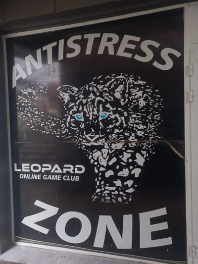The image shows a black and white sign with white text. The sign is oriented vertically, with the text running from bottom to top. The sign appears to be for a business.
The prominent text on the left side of the sign reads "ANTISTRESS" in large, bold, white capital letters, angled diagonally. The right side of the sign features the word "ZONE" in even larger, bolder, white capital letters, also angled diagonally. In the center, there is a stylized graphic of a leopard's face, depicted in a pixelated or fragmented style, with blue eyes. Below the leopard graphic, the text "LEOPARD" is written in white capital letters, and below that, "ONLINE GAME CLUB" is written in smaller white capital letters.
The sign is mounted within a white frame. The background of the sign is black. There is some wear and tear visible on the sign, particularly a rip or peeling corner in the upper right section. The lighting suggests it is daytime, possibly indoors or in a shaded outdoor area, as there are some reflections on the glossy surface of the sign. The overall impression is of an advertisement or a storefront sign for an entertainment venue. The location context provided is Kasansay, Uzbekistan, suggesting this sign is situated in that area.