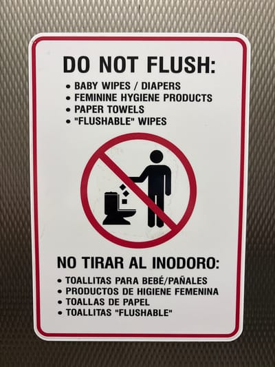 The image shows a white rectangular sign with a red border, mounted on a textured gray surface. The sign has black text and a circular red prohibition symbol with a black silhouette of a person and a toilet. The text at the top of the sign reads "DO NOT FLUSH:" followed by a bulleted list: "BABY WIPES / DIAPERS", "FEMININE HYGIENE PRODUCTS", "PAPER TOWELS", and "\"FLUSHABLE\" WIPES". Below the prohibition symbol, the text reads "NO TIRAR AL INODORO:" followed by a similar bulleted list in Spanish: "TOALLITAS PARA BEBÉ/PAÑALES", "PRODUCTOS DE HIGIENE FEMENINA", "TOALLAS DE PAPEL", and "TOALLITAS \"FLUSHABLE\"". The prohibition symbol depicts a person holding an object above a toilet, with items falling into the toilet, all crossed out by a red diagonal line within a red circle. The sign is likely located in a public restroom. The location is not specified in the image.