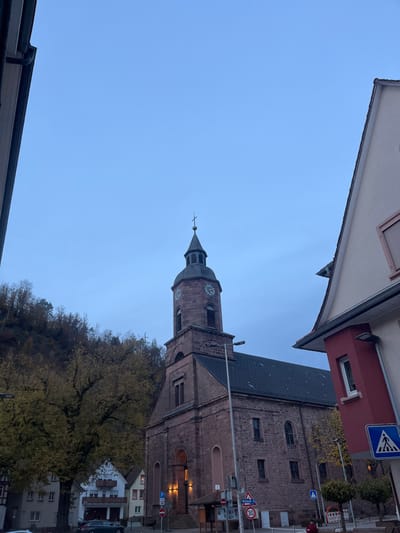 The image displays the St. Johannes Baptist church located in Oppenau, Germany, under an overcast sky, likely during dusk or early morning. The church, constructed from reddish-brown stone, occupies the central and right-mid sections of the frame. It features a prominent square bell tower topped with a dark, pointed spire and a cross. A circular clock face is visible on the tower. The main entrance at street level is illuminated by warm artificial light.

To the left of the church, a steep, tree-covered hillside with autumn foliage (yellows and browns) forms the background. In the lower-left foreground, several residential-style buildings with light-colored facades are visible, with a dark sedan parked on the street in front of them. A large deciduous tree with yellow leaves stands between the church and the hillside.

On the far right, a portion of a multi-story building with a light beige facade and a reddish-brown lower section is partially visible, framing the scene. The immediate street level in the mid-ground features a paved surface, a lamppost, and various traffic signs, including a blue pedestrian crossing sign, a red and white circular 30 km/h speed limit sign, and parking restriction signs. A single individual is partially visible in the lower right corner, with their lower body obscured and facing away from the camera. The overall lighting is muted and even, consistent with an overcast condition.
