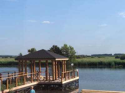 This image depicts a wooden gazebo on a pier extending over a body of water. The gazebo has a dark, shingled roof and is supported by several wooden posts. A wooden railing lines the pier. In the background, tall green reeds grow along the water's edge, and beyond that, a field with scattered trees and shrubs stretches towards the horizon under a clear blue sky with a few scattered clouds. The water is calm and reflects the sky and surrounding vegetation. On the pier, a few people are visible, including a young person with blond hair wearing a blue patterned shirt in the foreground. The scene appears to be a recreational area, possibly a park or a resort, in Isheyevka, Russia.