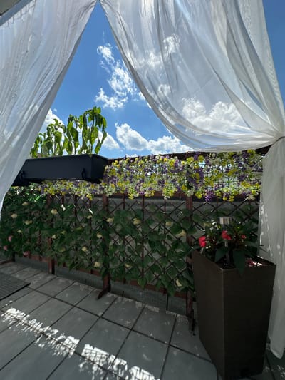 The image depicts an outdoor setting, likely a balcony or patio, with a clear blue sky and fluffy white clouds visible. Large sections of white fabric, possibly a canopy or curtains, frame the view of the sky and foliage. A fence-like structure covered with artificial greenery and colorful artificial flowers, in shades of yellow, purple, and white, runs along the edge of the space. Red flowers are also visible in a dark brown planter box. The ground appears to be paved with grey tiles, and shadows from an unseen structure create a patterned effect. A black planter is also present. The overall impression is of a decorated outdoor area on a sunny day. No people or text are visible in the image. The location is identified as Świdnica, Poland.