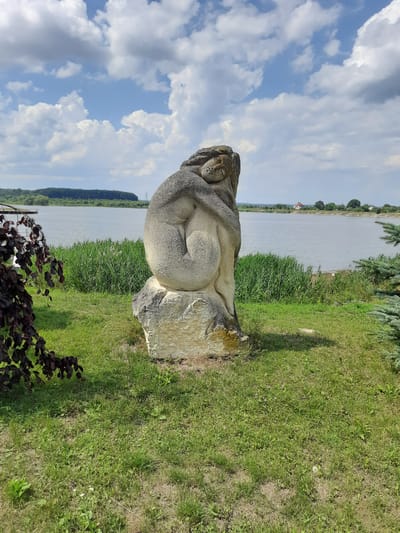 The image depicts a stone sculpture of a woman curled up, resting on a large boulder. The sculpture is situated outdoors, on a grassy area next to a body of water, possibly a lake or reservoir. In the background, there is a line of trees, and some houses and structures are visible on the opposite shore. The sky is partly cloudy with white clouds against a blue sky. A dark-leafed plant is in the foreground on the left side of the image, and a pine tree branch is visible on the right. This sculpture is located in Drohobych, Ukraine, specifically at the "Kamianna Zvukiv" (Stone Sounds) park, known for its stone sculptures.