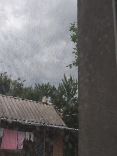 The image depicts a cloudy day scene viewed through a window screen. In the foreground, a textured, gray vertical element, likely a window frame or wall, dominates the right side of the frame. The left side reveals a somewhat hazy view of an outdoor setting.
The scene features a rustic-looking roof made of corrugated material, possibly slate or asbestos. Below the roof, a clothesline is visible with several items of clothing hanging to dry, including a pink garment and some white items. A chimney or vent pipe protrudes from the roof. Behind the structure, a dense canopy of green trees creates a backdrop against the overcast sky. The sky itself is filled with gray clouds, suggesting inclement weather, perhaps rain or an impending storm. A few green leaves from a tree are also visible in the upper left portion of the frame, near the window screen.
The overall impression is one of a domestic, possibly rural setting in Ukraine, given the context. The weather appears gloomy and cool, and the presence of laundry drying suggests a moment of everyday life. There is no visible text in the image.