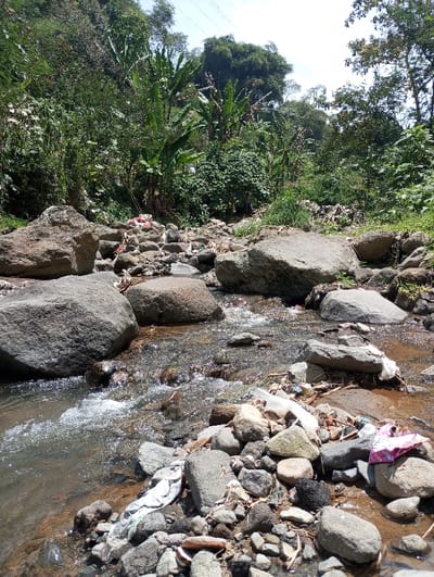 The image presents a detailed view of a rocky stream located in Cibeureum, Indonesia, under bright daylight conditions. The foreground and midground feature a shallow body of flowing water, characterized by clear-to-turbid appearance and visible white foam where it interacts with numerous rocks and boulders. These rocks vary in size and color, predominantly grey and brown, forming the bed and banks of the stream. Extensive human-generated litter is interspersed among the rocks, both in and out of the water. This refuse includes multiple plastic bags (one notably pink, others white or translucent), plastic bottles, and assorted debris. No individuals are present. The background reveals a steep, verdant hillside densely covered with lush tropical vegetation, including several prominent banana trees with large green leaves, and various other broad-leafed plants and trees. The upper portion of the frame shows a clear, bright sky, suggesting sunny weather. A power line or cable is faintly visible against the sky in the upper right quadrant.