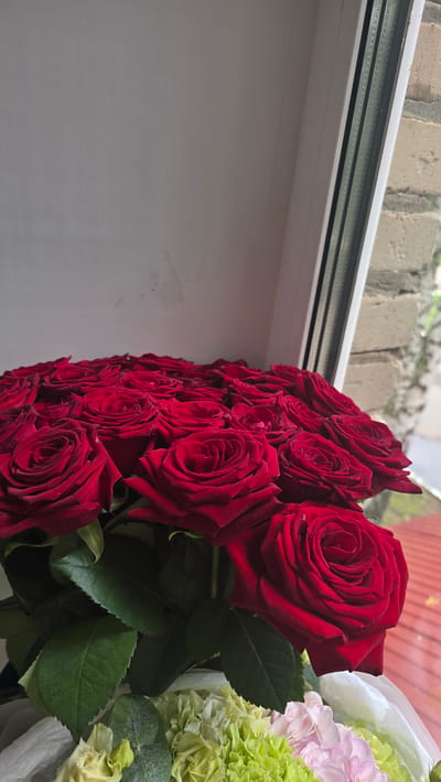 A bouquet of deep red roses is displayed on a windowsill. The roses are arranged densely, with many blooms visible. Their petals are velvety and appear fresh. Green leaves are interspersed among the flowers. In the foreground, peeking out from beneath the roses, are some lighter-colored flowers, possibly hydrangeas or carnations, in shades of light green and pale pink. The windowsill is white, and a portion of a window frame is visible on the right side, with a glimpse of an outdoor scene beyond, suggesting a brick building and foliage. The overall impression is one of a floral arrangement presented indoors, near a window. The location is stated as Shil'nebash, Russia.