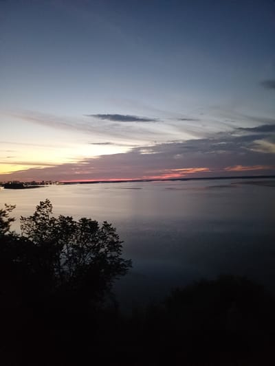 This is a vertical, full-frame, handheld shot of a sunset over the Dnieper River near Trypillia, Ukraine. The sky displays a gradient of colors from deep blue at the top to pale yellow and pink near the horizon. Wispy clouds are scattered across the sky, with some reflecting the sunset's colors.
The Dnieper River occupies the middle and lower portions of the image, appearing calm and reflecting the sky's muted tones. In the distance, along the far bank of the river, a city skyline is visible with scattered lights.
In the foreground, silhouetted trees create a dark, natural frame for the scene, with their branches and leaves obscuring the land below. The overall mood is serene and natural, with the sunset casting a peaceful glow over the landscape.
