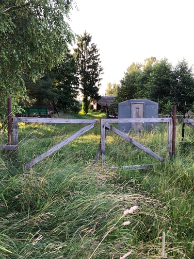 This is a medium-shot, eye-level, outdoor photograph taken in Sadko, Russia, during daylight. The foreground is dominated by tall, green grass and some pink wildflowers, with a rustic wooden gate stretched across the center. The gate is made of weathered grey planks, with a diagonal brace on the right side. Beyond the gate, the environment transitions to a grassy area with scattered vegetation. In the mid-ground, there is a small, grey, shed-like structure with a wooden door. To the left of the shed, a green metal trailer is visible, partially obscured by trees. In the background, a dense cluster of various trees, including deciduous and coniferous varieties, creates a natural backdrop. The sky is overcast and bright.