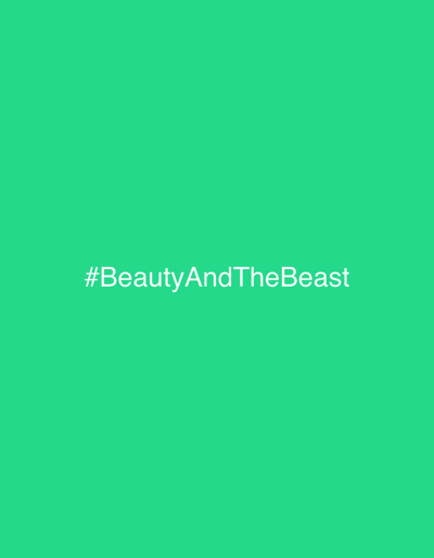 The image displays a solid, vibrant green background. Centered horizontally on this background is white, sans-serif text forming the hashtag "#BeautyAndTheBeast". No discernible people, objects, actions, or environmental features are present beyond the colored background and text. The scene is situated in Herentals, Belgium.