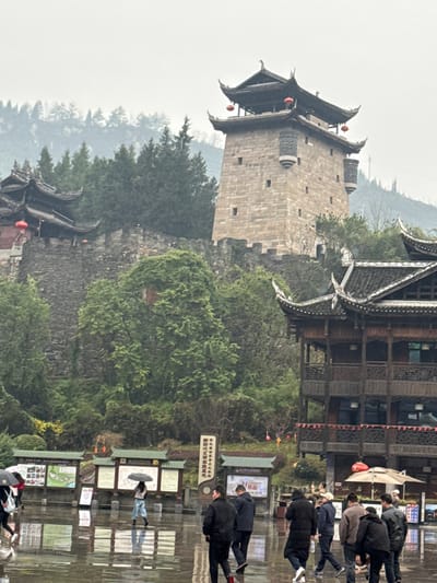 The image depicts a traditional Chinese architectural complex situated in Pengshui Miao and Tujia Autonomous County, China, under an overcast sky with evidence of rain.
In the upper-middle and left sections, a series of ancient-style structures ascend a vegetated hillside. A prominent, four-story stone watchtower, featuring light-colored masonry, crenelated battlements, and two projecting side turrets, dominates the upper-right portion. It is capped with a dark, multi-tiered traditional Chinese roof adorned with red lanterns hanging from its eaves. To the left of this tower, a substantial dark stone wall with foliage extends horizontally, supporting another traditional dark-roofed building, partially visible, also featuring red lanterns. The hillside itself is densely covered with green trees and undergrowth, particularly prominent behind and around the stone walls.
In the foreground, a wide, dark paved area, reflecting the sky and surrounding objects due to a wet surface, occupies the lower half of the frame. Scattered across this wet ground are approximately 10-15 individuals. One person in the mid-ground, dressed in light attire, walks alone holding a black umbrella. Several other figures, primarily men dressed in dark clothing, walk in small groups or individually in the lower-right foreground. To the left and center of the mid-ground, a series of large information boards with green-tiled roofs and white display panels, containing Chinese text and graphics, are arranged in a row. A partial view of a multi-story traditional wooden building with intricate latticework and a similar dark, tiered roof structure is visible in the lower-right, bordering the wet plaza. The overall atmosphere is muted, consistent with cloudy and wet weather conditions.