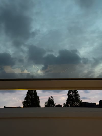 The image depicts a view through a window, overlooking a cloudy sky and the silhouettes of trees and buildings. The top portion of the image is dominated by a heavy, dark grey sky with textured clouds, suggesting overcast or stormy weather. Below the sky, a horizontal band of lighter clouds and reflections on what appears to be glass is visible, with faint linear reflections that could be contrails.
The bottom portion of the image shows a strip of the sky at sunset or dusk, with hues of pink and purple mixed with grey clouds. Silhouetted against this sky are the dark shapes of several tall trees and the tops of buildings. The buildings are dark, with some appearing to be flat-roofed. The scene is framed by the interior of a room, with a white sill and frame visible at the bottom and the top edge of the window at the top. The overall impression is one of an urban landscape viewed from a residential or office building. The provided crops highlight different sections of the sky, clouds, and the landscape beyond the window. There are no people or discernible actions taking place in the image.