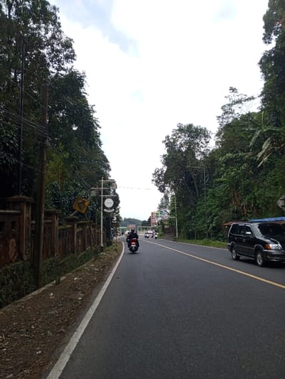 The image depicts a rural or semi-urban road in Ciloto, Indonesia, under an overcast sky. The asphalt road features a solid yellow center line separating opposing traffic lanes and a solid white line defining the shoulder on the left.
On the left side of the road, a dark utility pole with numerous overhead wires stands adjacent to a weathered, low concrete or stone fence. Behind the fence is dense green foliage. A yellow diamond-shaped road sign with a black left-curving arrow is visible, leaning against the fence. Further along, a vertical pole displays multiple circular white commercial signs.
On the right side of the road, dense, tall green trees and tropical vegetation line the thoroughfare, extending up a hillside. A black SUV, possibly a Toyota Kijang, with dark tinted windows, is traveling towards the viewer in the right lane.
In the left lane, moving away from the viewer, a person wearing a dark jacket and helmet rides a black motorcycle with a visible red taillight. Further in the distance, several other motorcycles are also traveling away from the camera in the same lane. Beyond them, a large, colorful billboard-style sign is visible on the right, next to a building. The road curves gently into the distance, with more vehicles visible ahead.