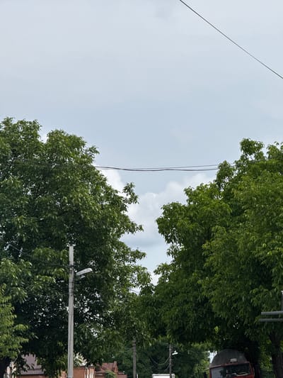 The image shows a street scene in Nogir, Russia, dominated by lush green trees that partially obscure the sky. Power lines are visible crisscrossing the frame, supported by concrete poles. One pole, in the center-left, features a street lamp. The lower portion of the image reveals a red truck and some brick buildings, suggesting an urban or semi-urban setting. The sky is overcast with scattered clouds.