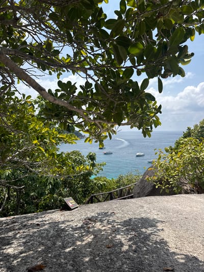 The image shows a coastal view from a high vantage point in Lam Kaen, Thailand. The foreground is dominated by lush green foliage of trees and shrubs. In the center of the frame, boats are visible on the blue water, and a white water trail indicates a vessel in motion. A large gray rock formation with a warning sign on it is on the right, with shadows cast upon its surface. The sky is blue with scattered white clouds.