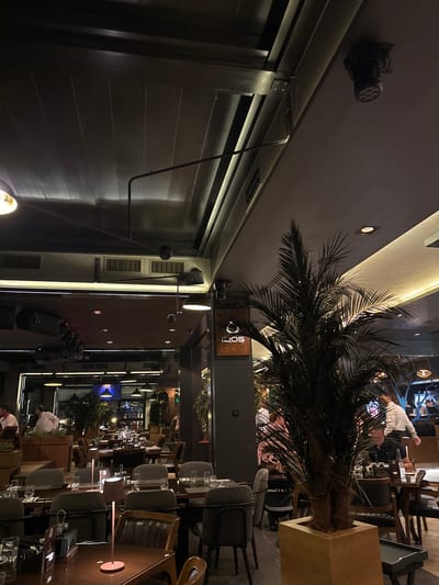 This detailed description pertains to an indoor commercial establishment, specifically a restaurant or upscale bar, located in Strumica, North Macedonia.
The scene captures a dimly lit, modern interior space with a blend of industrial and natural design elements. The ceiling features dark paneled sections interspersed with exposed ventilation grates and black metal conduits, illuminated by linear LED strips, recessed spotlights, and industrial-style track lighting. One ceiling-mounted projector-like fixture with multiple visible LEDs is present in the upper right quadrant.
The main floor is populated with numerous tables, predominantly dark wood, set with glasses, plates, and cutlery, suggesting dining or beverage service. Seating arrangements include chairs with dark upholstery and wooden frames. In the immediate foreground, a small, modern, rose-gold colored table lamp with a warm glow is prominent on a table.
Strategic placement of large, dark green palm-like plants in light wooden planter boxes introduces a natural element to the decor. One such plant, with multiple trunks and dense fronds, occupies a significant portion of the mid-ground on the right. Behind this plant, to the left, a dark square sign bearing the white "IQOS" logo is mounted on a column.
Several individuals are present. On the far left, a man in a light-colored shirt is seated at a table. In the mid-ground, a man in a white shirt stands near a service counter or another table. To the right of the large palm plant, a person in a white, long-sleeved collared shirt, likely a server, walks towards the right, carrying a dark object in their left hand. Other patrons are visible in the background, seated at various tables, their specific actions and features indistinct due to distance and low lighting.
The background reveals a large glass facade or windows looking out onto a dark, indistinct exterior with distant lights, possibly an urban environment at night. Inside, further back, more tables, chairs, and pendant lighting fixtures with dark shades are visible. A blue-lit screen or display is discernible in the distant background. The overall ambiance is sophisticated and intimate, created by the interplay of dark materials and warm, selective lighting.