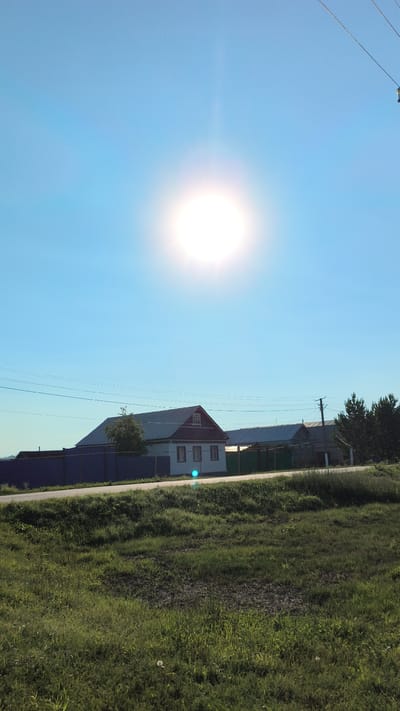 The image depicts a bright, sunny day in the village of Alkin, Russia. The sky is a clear, vibrant blue, dominated by a large, intense sun near the top of the frame, casting a bright glare. In the middle ground, a long, low-rise white house with a dark roof stands prominently, flanked by a dark blue fence and a green fence. Adjacent to this house, another similar structure is visible. A road or path runs horizontally across the scene, separating the foreground from the houses. The foreground is a lush, green grassy field, dotted with sparse white dandelion seed heads. Overhead, electrical wires stretch across the sky, supported by utility poles visible in the distance. The overall impression is a rural, tranquil scene bathed in strong sunlight.