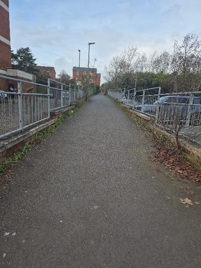 The image depicts an asphalt pedestrian pathway in Hereford, United Kingdom, viewed from ground level looking down its length. The pathway, dark grey in color and appearing textured, recedes into the distance under an overcast sky.
On both the left and right sides, a low red-brick wall approximately two courses high supports a grey metal railing. These railings feature vertical bars interspersed with horizontal rails, showing signs of weathering.
To the left of the pathway, beyond the railing, a multi-story building constructed of reddish-brown brick with distinct white horizontal banding is partially visible. Further back, additional structures and dense green foliage are present.
To the right of the pathway, beyond its corresponding railing, multiple dark-colored vehicles, including sedans and SUVs, are parked and partially obscured by the fence and sparse deciduous trees with bare branches. Brown fallen leaves are scattered on the ground immediately adjacent to the right railing.
In the mid-ground, two tall, dark grey streetlights with modern, rectangular fixtures stand vertically over the pathway. The pathway visually terminates in the distance at another multi-story building of similar reddish-brown brick construction. No individuals or specific activities are present or depicted.