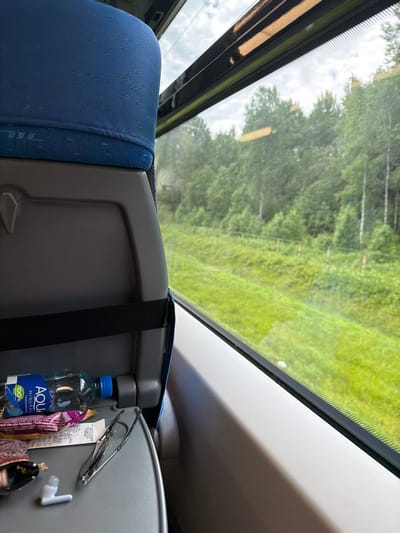 This media file captures a view from inside a train, looking out a large window. The main subjects are the train's interior elements, including a blue fabric-covered seat on the left and a gray plastic seatback with various items attached to it on the right. The window offers a scenic view of a lush green landscape with trees and grass, suggesting an outdoor setting. The time of day appears to be daytime, with bright lighting filtering through the window, and the sky, visible at the top left, appears partly cloudy.
On the right side of the seatback, several objects are visible. These include a bottle of "AQUA MINERAL" water, a packet of what appears to be a snack with text that includes "Raisins And Caramelx," a pair of eyeglasses, and a receipt. The receipt displays some text in Cyrillic, with a snippet readable as "АО СЕВЕРО-ЗАПАДНАЯ ПРИГОРОДНАЯ ПАССАЖИРСКАЯ," indicating it might be from a regional passenger company in Russia. There's also a small white hook attached to the seatback.
The overall impression is a snapshot of a journey on a train, likely through a rural or natural environment. The focus is on the immediate surroundings within the train car and the passing scenery outside. No people are visible in the frame.