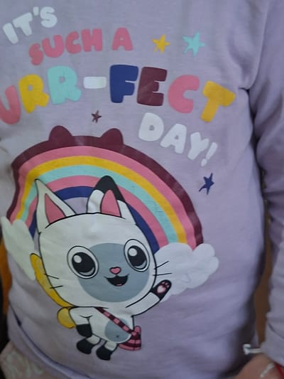 A close-up shot of a lavender or light purple garment, likely a t-shirt or sweatshirt, displaying a colorful cartoon-style design. The design features the phrase "It's SUCH A PERFECT DAY!" printed vertically with each letter in a different color. To the right of the text is a stylized cartoon illustration of a cat or kitten integrated with a rainbow and cloud. The cat has large eyes and is positioned as if peeking over the rainbow. The rainbow itself consists of multiple colored stripes.
I am unable to provide location in the city of Selyanin, Bulgaria as the image does not contain any geotagged information.