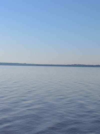 The image depicts a wide expanse of calm, rippling water under a clear, pale blue sky. The horizon line, where the water meets a distant, low-lying, tree-lined shore, is clearly defined. The water's surface exhibits subtle wave patterns, reflecting the soft light of the sky. The overall scene is tranquil and natural, with no discernable human activity or structures. The location is Nezavertaylovka, Moldova.