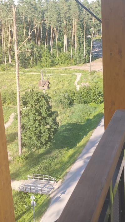 The image shows a birdhouse mounted on a pole in a forest clearing. The birdhouse is made of wood and has a small opening. In the foreground, there is a wooden walkway that leads to the birdhouse. In the background, there is a dense forest with tall pine trees. A car is parked on a road in the distance. This scene is located in the Tērvete Nature Park in Latvia.