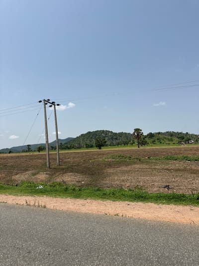 The image depicts a rural landscape under a clear blue sky. In the foreground, a paved road runs diagonally from the bottom left to the bottom right. Adjacent to the road is a strip of sandy earth, followed by a patch of green grass and dry, tilled soil.

Dominating the middle ground are two tall, weathered concrete electricity poles connected by wires, with insulators visible at the top. Beyond the poles, the terrain transitions to a green field dotted with trees, including a prominent palm tree. In the background, rolling hills covered in lush vegetation rise, with a few small structures resembling huts visible on the slopes. The overall impression is of a serene, undeveloped rural area. There are no people or animals visible in the scene.