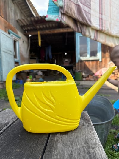 This is a medium-shot, vertical photograph of a bright yellow plastic watering can resting on a weathered wooden surface. The watering can is the primary subject and is positioned in the foreground, its handle curving upwards and to the left. The body of the watering can features embossed decorative lines, resembling leaves or waves, and is speckled with small water droplets, suggesting it has recently been used or exposed to moisture.
In the background, the scene depicts a rustic, outdoor setting that appears to be a backyard or garden area. To the left, a portion of a striped fabric, possibly a blanket or curtain, hangs. Beyond that, there is a wooden structure with a window and a blue-framed opening, hinting at a shed or an older building. The overall impression is one of a rural or suburban environment, possibly a dacha (summer house) in Russia, as suggested by the location context of Зыково.
Further in the background, other objects are visible, including a large, grey metal bucket and hints of greenery, suggesting it is daytime and possibly a warm, overcast day given the lighting. The ground appears to be a mixture of dirt and grass. The overall mood is utilitarian and perhaps a bit neglected, with the focus on the simple, everyday object of the watering can. There is no visible text in the image.