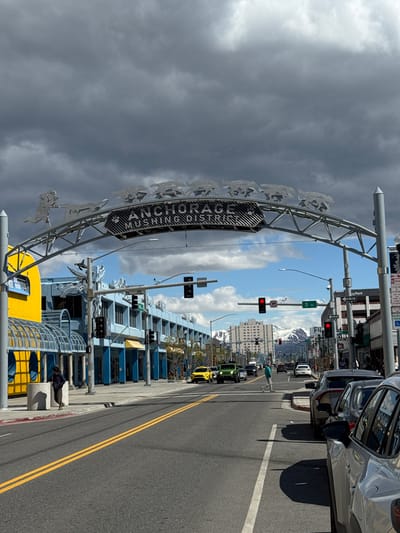 Here's a detailed description of the image:

The image shows a street scene in Anchorage, Alaska, specifically within the "Anchorage Mushing District". A large metal archway, adorned with silhouetted figures of mushers and dogs, spans the street, marking the entrance to the district. A street sign "D St" indicates the location.

The weather is partly cloudy, with a section of dark, ominous clouds looming on the left side of the frame, contrasting with patches of blue sky peeking through in the center.

The street has double yellow lines and is flanked by sidewalks and buildings on either side. Buildings are a mix of colors, with the building immediately adjacent to the archway has blue and yellow. Several cars are traveling down the street. There are traffic lights overhead, showing red signals. In the background, snow-capped mountains are visible.

A person is sitting on the curb near a bus shelter along the side of the road on the left side of the frame. The image appears to be taken from the perspective of someone standing on the sidewalk, with a car parked close to the frame on the right. A street sign reading "NO PARKING 2:00 AM 6:00 AM... OCTOBER 15 APRIL 15" can be seen attached to a street light.