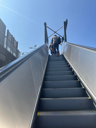 The image shows an upward-facing shot of an escalator. Two people are walking up the escalator. The person in front is wearing a brown jacket and a backpack. The person behind is wearing a black jacket and a backpack. The escalator is made of metal and has a yellow strip on the edge. The escalator is located in Thiais, France, at the coordinates 48.748 latitude and 2.373 longitude. The environment is sunny and clear, with a blue sky and a few wispy clouds. The scene is typical of an urban environment in France. There are no other people in the image, and the escalator appears to be empty.