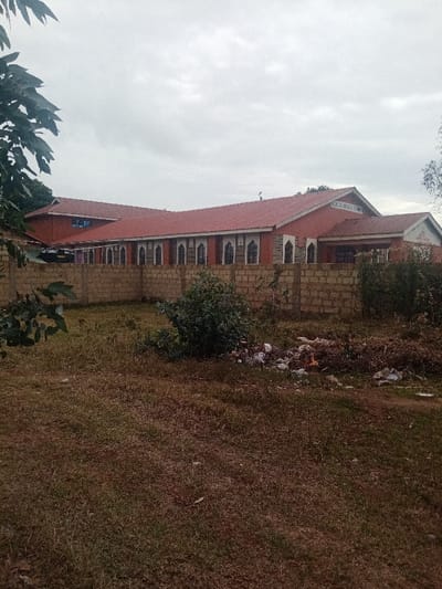 A single-story brick building with a red tile roof stretches horizontally, partially obscured by a block wall. Gothic-style windows are visible along the building's facade. A grassy field with some scattered litter fills the foreground, with sparse bushes. Overcast sky above, partially obscured by foliage on the left.