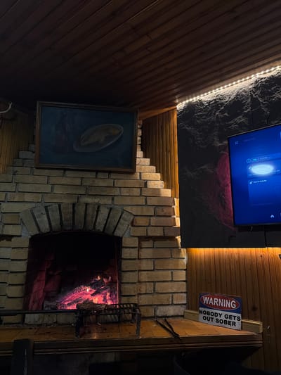 The image shows the interior of a room featuring a brick fireplace with a fire burning inside. Above the fireplace is a television, and next to it is a "Warning: Nobody Gets Out Sober" sign. To the left of the fireplace is a painting of a fish on the wall. The walls are covered in wood paneling, and there is LED strip lighting along the ceiling. The television screen displays a gaming menu with an activity status. There is no indication that this scene is from Lilkovo, Bulgaria.