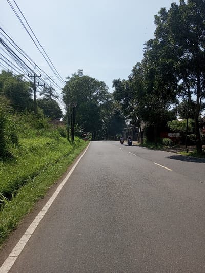 The image depicts an outdoor scene in the city of Beteng_Pangkhar_Somthrang, Bhutan, under natural daylight with a clear blue sky. An asphalt road, appearing dry, dominates the foreground and extends into the distance, gently curving right. The left edge of the road is marked by a solid white line, and a dashed yellow line is visible centrally.
To the left of the road, a steep, vegetated embankment rises, covered with dense green grass and various small trees. Along this embankment, multiple utility poles support numerous black electrical or communication wires. A brown-roofed structure is partially obscured by foliage further back on the embankment.
To the right of the road, a continuous line of mature trees with dense green foliage provides a canopy. Behind these trees, several structures are partially visible, including a building featuring a red exterior section with white text that reads "JUAL PULSA."
Two individuals are operating motorcycles in the right lane of the road, traveling away from the viewer. The lead motorcycle is dark-colored, operated by a single rider wearing a dark helmet and dark clothing. A second, similarly dark-colored motorcycle follows approximately 15 meters behind, also with a single rider wearing a dark helmet. Strong illumination from the sun is evident, casting visible shadows.