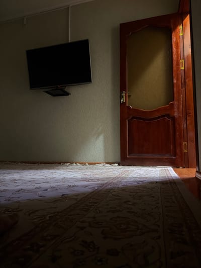 The image depicts an interior scene, likely a room in Kentau, Kazakhstan. The viewpoint is angled, looking upwards and to the right. Dominating the left side of the frame is a wall covered in ornate, patterned wallpaper, partially illuminated by a strong light source casting distinct shadows. The wallpaper has a textured, embossed pattern with floral motifs.

To the right of the wallpapered wall is a dark wooden chest or box, positioned horizontally and open. The inside of the chest appears to be lined with a textured, light brown material. The exterior of the chest is a rich, dark wood with decorative inlays and brass hardware, including hinges and a latch mechanism on the lid.

In the upper right quadrant of the image, a flat-screen television is mounted on a light-colored wall. The television screen is black and reflects some light. To the left of the television, a smaller, dark framed object is also mounted on the wall, possibly another display or a decorative piece. The wall behind the television and chest has a subtle, wavy embossed pattern.

The lighting suggests it might be evening or indoors with artificial light, as there are strong shadows and focused illumination on the wallpaper. The overall mood is subdued and possibly a bit dim, with the exception of the illuminated wallpaper. There is no visible text in the image. The scene appears to be a domestic or a lodging setting.