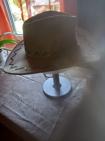 This is a close-up, slightly angled photograph of a cowboy hat that appears to be used as a lampshade. The hat is made of a tan, suede-like material and is decorated with a zigzag pattern stitched around the brim and crosses made of small silver studs or staples on the side. The hat is tilted, with its brim facing left and downwards. A silver pole extends from the interior of the hat, presumably to a light fixture, and is attached to a round, white base which is partially visible. The background is dominated by a textured, light-colored fabric, possibly a tablecloth or upholstery, with an embossed floral pattern. To the left of the hat, a window with sheer curtains is visible, showing hints of greenery and light from outside. The lighting in the image is dim and warm, suggesting an indoor setting, possibly in the late afternoon or evening. The overall impression is of a quirky, handmade decorative item. No text is visible in the image. The location context provided is Adutiškis, Lithuania.