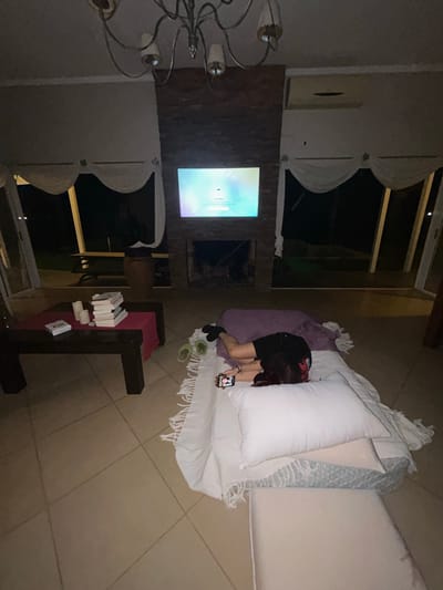 A medium shot taken indoors shows a woman in a black shirt and black shorts bent over a white bed with white pillows and a light blue throw. She is holding a smartphone, pointed at the bed. Next to the bed is a purple beanbag. Near the edge of the bed are two green circular objects. To the left of the bed is a wall with a large window and a partially visible chandelier. On the other side of the window are two large white decorative objects. Below the window is a television. To the right of the window is a bookshelf and a floor lamp. The floor is tiled. It's unclear from the image alone whether the scene is in Hudson, Argentina.