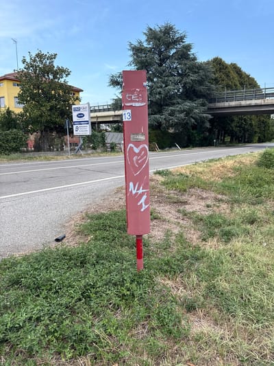 The image shows a red metal post with graffiti in the foreground, positioned on the side of a road in Fontevivo, Italy. The post has a white drawing of a heart with squiggly lines inside, and what appears to be the letters "NL 1" also in white. Further up the post, there is a small white sticker with some text and a blue emblem. To the left of the post, a road is visible with white lane markings. In the background, there is a yellow building with a tiled roof, a sign for "COLD POINT" with the Carrier logo, a green tree, and a bridge or overpass. The environment is outdoors, with grass and dry vegetation surrounding the post and the road. The sky is blue with some white clouds. A small black object, possibly a piece of trash, is on the ground near the road.