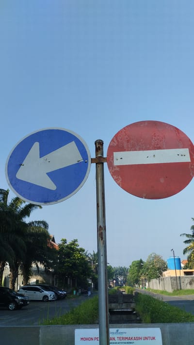 An outdoor, eye-level, vertical, close-up shot shows two traffic signs mounted on a rusted metal pole. The sign on the left is round with a blue background and a white arrow pointing left. The sign on the right is round with a red background and a horizontal white bar across its center. Both signs appear weathered and slightly faded. The pole is positioned in the foreground, slightly right of center. In the background, a road runs away from the viewer, lined with green grass and trees. Several parked cars are visible on the left side of the road, and residential buildings and a blue water tank are seen on the right. The sky above is clear and blue. A sign with text in Indonesian is partially visible at the bottom of the image. The scene depicts a street in Sidodadi, Indonesia, under a bright sky.