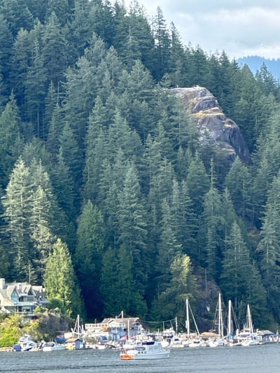 The image shows a view of the waterfront and a forested hillside in the District of North Vancouver, Canada. In the foreground, a body of water is dotted with numerous sailboats and motorboats docked in a marina. A white motor yacht is moving in the foreground. To the left, a large house with a peaked roof and multiple windows sits on the hillside overlooking the water. The hillside is densely covered with evergreen trees, and a prominent rocky outcrop is visible among the trees, with several small figures standing on its summit. The sky above is partly cloudy.