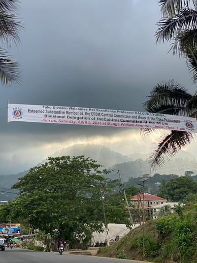 The image shows a banner strung across a street in the Bonadikombo neighborhood of Limbe, Cameroon. The banner reads: “Fako Division Welcomes Her Excellency Professor NALOVA LYONGA, Esteemed Substantive Member of the CPDM Central Committee and Head of the Fako Permanent Divisional Delegation of the Central Committee of the CPDM. Join us, Saturday, April 5, 2025 at Manga William Avenue - Limbe; Time: 1 pm.” The banner is red and white with a circular logo featuring a flaming torch. The image is taken in the middle of the day, with the sun shining through the clouds in the background. There are some trees in the background and a building, along with a single motorcycle driving on a paved road. A hill with lush vegetation can be seen in the background. The image was taken in Bonadikombo, Cameroon (latitude: 4.057, longitude: 9.224).
