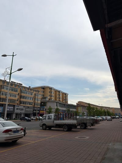 The image depicts a street scene in Hunchun, China. On the left, a multi-story yellow apartment building runs along the street, with storefronts at ground level. A green lamppost with two lights stands prominently in the foreground. Several parked cars are visible, including a white sedan in the foreground with a license plate reading "JHN890". A silver flatbed truck is parked in the street. Further down the street, more cars are parked along the curb, and a long row of apartment buildings stretches into the distance. Trees are planted along the sidewalk. The sky is overcast with some clouds. The pavement in the foreground is made of reddish-brown brick pavers.