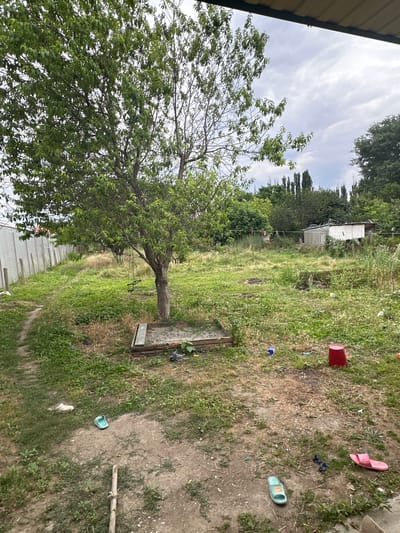 The image depicts a backyard scene in Chontaul, Russia, under an overcast sky. A large tree with green foliage dominates the left side of the frame, casting a shadow over a sandbox. To the left of the tree, a white fence runs along the perimeter of the property. The ground is covered in grass and dirt, with several objects scattered about, including a pair of white sandals, a light blue flip-flop, a red bucket, a blue plastic cup, and a pair of pink flip-flops. Further back in the yard, a small shed with a corrugated metal roof is visible amidst overgrown vegetation. Several other trees and a clothesline with laundry are also present in the background. A dirt path leads from the foreground towards the fence.