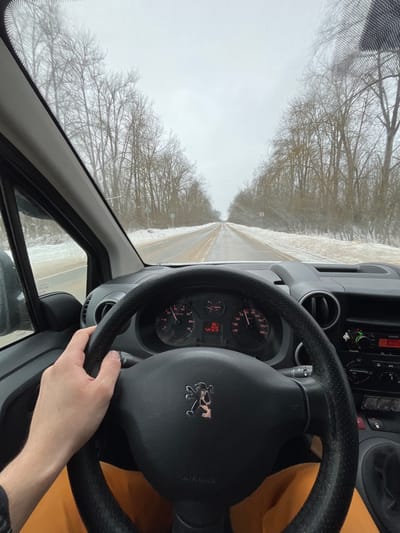 The image depicts a first-person view from the driver's seat of a vehicle traveling on a two-lane asphalt road through a snowy, winter landscape in Rogachovo, Russia. A left hand, presumably belonging to the driver, is positioned on the black, perforated steering wheel of what appears to be a Peugeot vehicle, indicated by the prominent silver lion logo and "AIRBAG" text. The driver is wearing orange pants, visible below the steering wheel.
The dashboard instruments are visible, showing a tachometer indicating approximately 1500 RPM, a digital display showing "82.1" and "125.12.13", and a speedometer indicating a speed of roughly 80-85 km/h. To the right of the steering wheel, a radio unit with illuminated green and red lights and climate controls are present on the center console.
Outside the vehicle, the road is partially wet and appears to be cleared of heavy snow, though significant snow accumulation lines both verges. Bare, deciduous trees form dense, leafless lines along both sides of the road, extending into the distance under an overcast, grey sky. Small, circular regulatory road signs are partially visible in the snowy tree lines on both sides of the road further down the straight stretch.