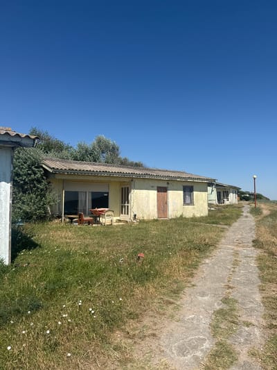 The image depicts a sunny day in Shabla, Bulgaria, showing a row of small, weathered bungalows lining a dirt path. The bungalows, painted yellow and with corrugated roofs, appear somewhat neglected. In front of one bungalow, a small table with chairs sits in a grassy area dotted with wildflowers. The path leads towards a light pole and the distant horizon, suggesting a coastal or open landscape. The overall scene conveys a sense of quiet abandonment or a rustic, seaside retreat.