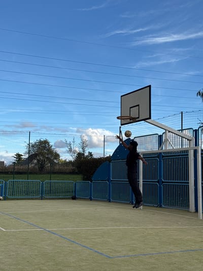 This image depicts an outdoor sports court in Niederhausbergen, France, under a clear blue sky with sparse cirrus clouds and prominent horizontal power lines. A single male individual, with dark skin and dark braided hair, dressed in a dark short-sleeved shirt, dark pants, and dark athletic shoes, is captured in mid-air. He has jumped upwards, extending his right arm towards a light-colored soccer ball positioned just above and to the left of a white-rimmed basketball backboard and hoop. The basketball hoop is part of a larger multi-sport structure featuring blue vertical railings at its base and sides, located on the right side of the frame. The court surface is light green artificial turf marked with white and blue lines. A second, dark-colored soccer ball rests on the court near the blue railings on the left. In the background, a green mesh fence runs horizontally, separating the court from dense green foliage, trees, and a distant residential-style building with a dark roof.