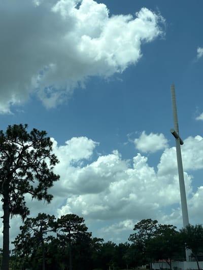 The image captures a view looking up at a bright blue sky with scattered white clouds. A tall, white, cylindrical structure, possibly a tower or a pole, extends from the upper left towards the upper right of the frame. Attached to this structure, near the middle right of the image, is a cross-like extension, also white. The base of this structure is not visible.
In the lower half of the image, the dark silhouettes of pine trees create a stark contrast against the sky. Their branches and needles are intricate against the bright clouds. To the right of the trees, a row of darker green trees forms a dense line, with hints of buildings or structures behind them, suggesting an urban or suburban edge.
The lighting indicates it is daytime, likely late morning or early afternoon, with the sun casting bright illumination on the clouds and the white structure. The overall mood is serene and perhaps a bit imposing due to the height of the structure.
No people are visible in the image. There is no visible text. The scene appears to be outdoors, with the sky and trees being the dominant elements. The location is suggested to be Bradenton, United States.