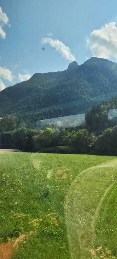 The image depicts a scenic view of a lush green meadow in the foreground, transitioning to a dense forest and then to a majestic, rocky mountain peak under a bright blue sky with scattered white clouds. The scene is likely captured from a moving vehicle, as evidenced by reflections and streaks across the image, suggesting a view from a car or train window. The mountain is covered in trees, with the peak itself being rocky and barren. The meadow is filled with various types of grass and small white wildflowers. The overall impression is one of natural beauty and tranquility, characteristic of the Austrian Alps. The image was taken in Kuchl, Austria.