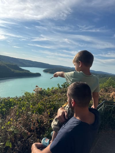 This image captures a view of the Chalain Lake in the Jura region of France, near the town of Moirans-en-Montagne. The perspective is from a height, looking down towards the lake, which is a vibrant turquoise color and surrounded by lush green hills. The sky is a bright blue with wispy white clouds, suggesting a clear and sunny day.
In the foreground, a man is seen from behind, with his back turned to the camera. He appears to be sitting or kneeling, supporting a young boy who is perched on his shoulders. The boy is also facing away from the camera, looking out at the scenic landscape. He is wearing a light-colored t-shirt and camouflage shorts. His right arm is extended, and he is pointing towards the lake with a small stick or twig. His left hand is resting on the man's head. The man is wearing a dark t-shirt. A blue Croc shoe is visible on the boy's left foot.
The environment consists of dense vegetation in the foreground, with dry brown foliage mixed with green leaves, hinting at the transition of seasons or a specific type of flora. A metal railing, part of a viewing platform or fence, is visible on the right side of the frame. The overall scene conveys a sense of shared exploration and appreciation of nature between the man and the child.