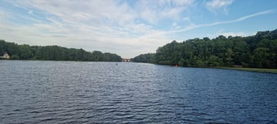 The image depicts a wide, calm body of water, likely a lake or river, with gentle ripples on its surface. The water is a deep blue color. Dense green trees line the far banks of the water, forming a thick forest. In the distance, a large, light-colored building with a red roof is visible, nestled amongst the trees. There are a few buoys in the water: one green buoy is located in the middle of the water, and a red buoy is closer to the right bank. The sky above is a pale blue with scattered white clouds. On the left bank, a small white building with a dark roof is partially visible behind the trees. The scene suggests a natural, peaceful environment within or near the city of Kleinmachnow, Germany.