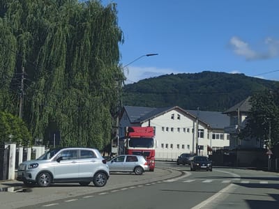 A silver hatchback, a red truck with "SCHERM LOGLINE" visible on its side, a silver sedan, and a dark colored sedan are on a paved road. The silver hatchback is parked on the left side of the image, while the other vehicles are on the road, moving. Behind the vehicles are white buildings and a large weeping willow tree. In the background, a tree-covered mountain and a bright blue sky are visible. The time of day appears to be daytime, with clear skies. The location is Leordina, Romania.