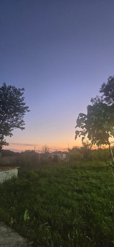 This image captures a serene landscape in Kalchevo, Bulgaria, during the twilight hours. The scene is divided into two distinct halves by the horizon. The left side is dominated by a gradient of the sky, transitioning from a deep, dusky purple near the bottom to a soft, pale lavender towards the top. Silhouetted against this fading light are the dark forms of trees, their branches reaching upwards.
The right side of the image presents a lush, green meadow stretching towards the horizon. The grass is dense and appears slightly unkempt, with individual blades clearly visible. In the distance, the sky is ablaze with the warm hues of sunset, featuring shades of orange, pink, and yellow. A faint line of clouds is visible against this colorful backdrop. Scattered amongst the trees and grass are hints of man-made structures, including what appears to be a small building and a fence, suggesting a rural or semi-rural setting. The overall mood is peaceful and contemplative, evoking the quiet beauty of a day's end. There is no visible text in the image.