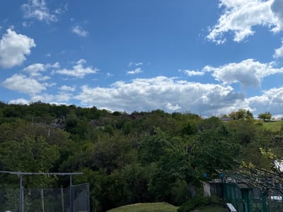 The image depicts a landscape in Bokilovtsi, Bulgaria, featuring a foreground with greenery, including trees and shrubs, and what appears to be a fenced-off area. Behind the immediate foreground is a densely vegetated hillside, interspersed with houses or buildings, partially obscured by trees. The sky is predominantly blue with scattered white clouds.
